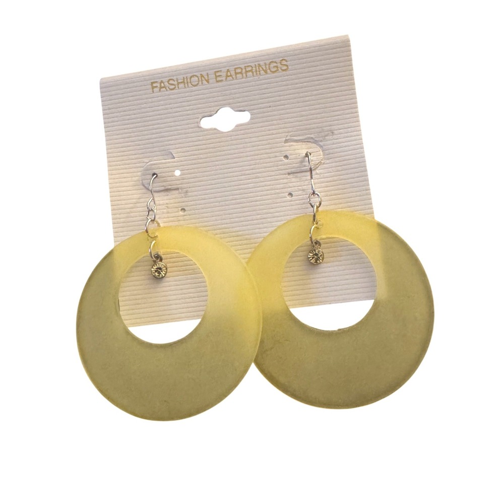 NWT Yellow Resin Hoop Earrings Retro Mod Translucent Drop Rhinestone Accent